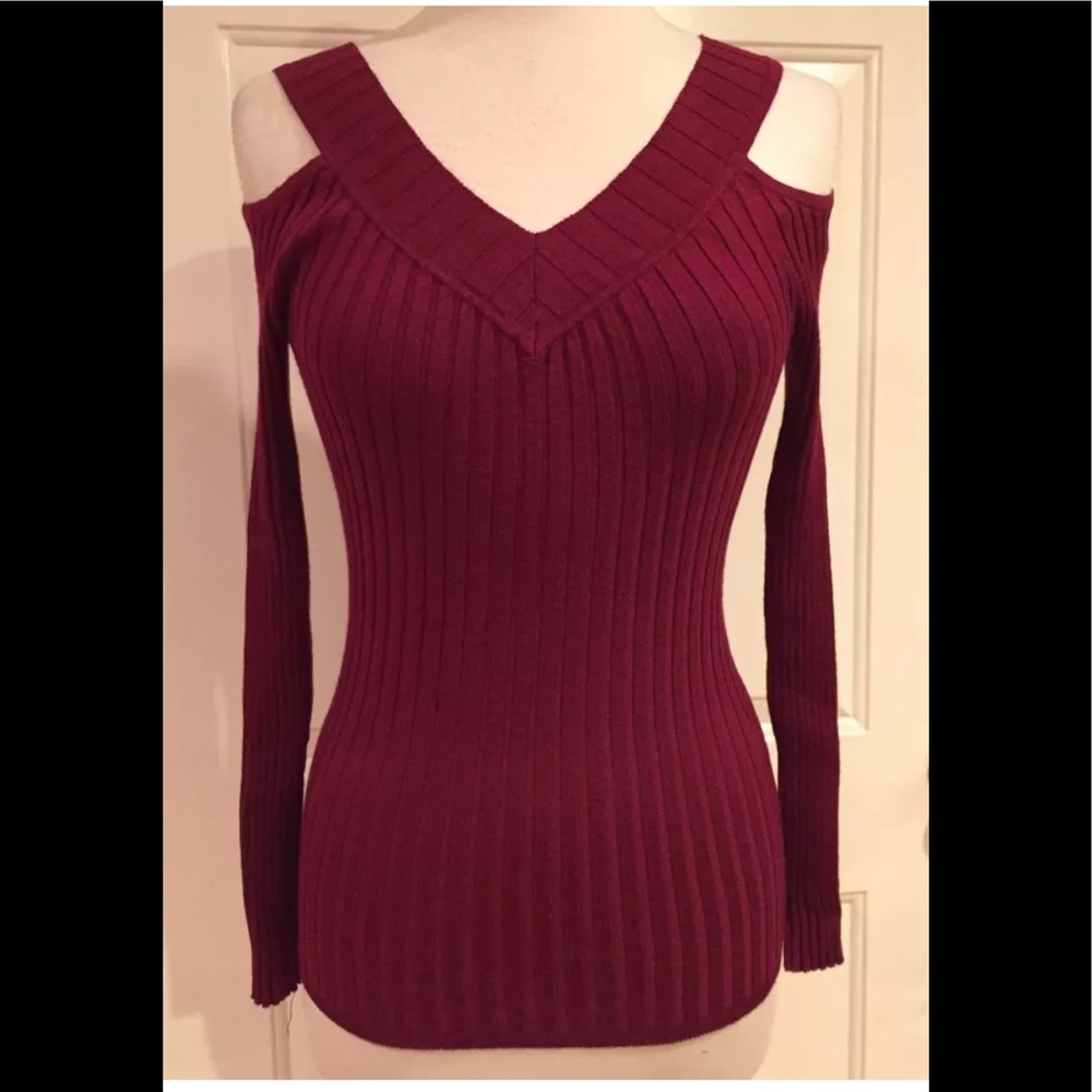 Hooked Up Cold Shoulder Sweater Top Ruby Wine Bur… - image 1